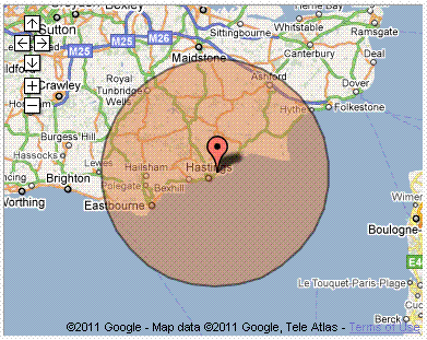 Areas covered within a 25 mile radius of Hastings
